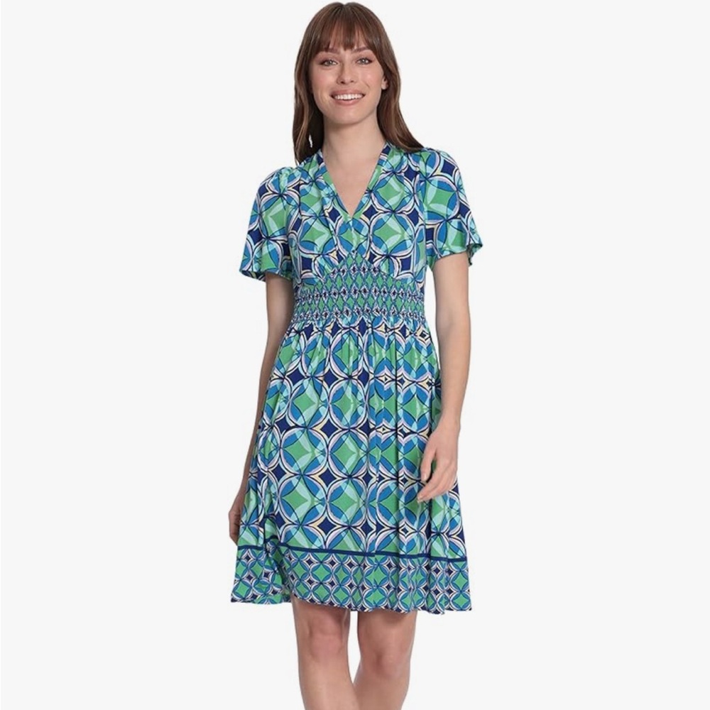 London Times Women’s V Neck Smocked Ward Flutter Sleeve Dress
